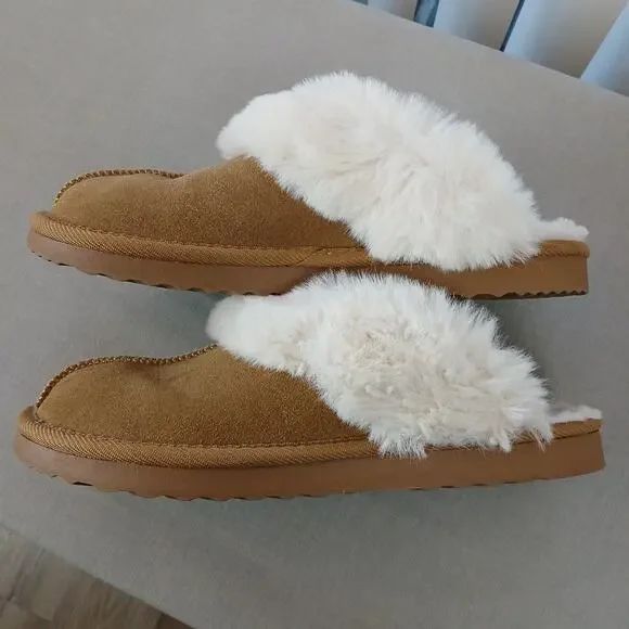 Auden Tan Suede Slip-ons Ladies size 7 faux fur warm soft comfy outdoor slippers - Picture 4 of 10